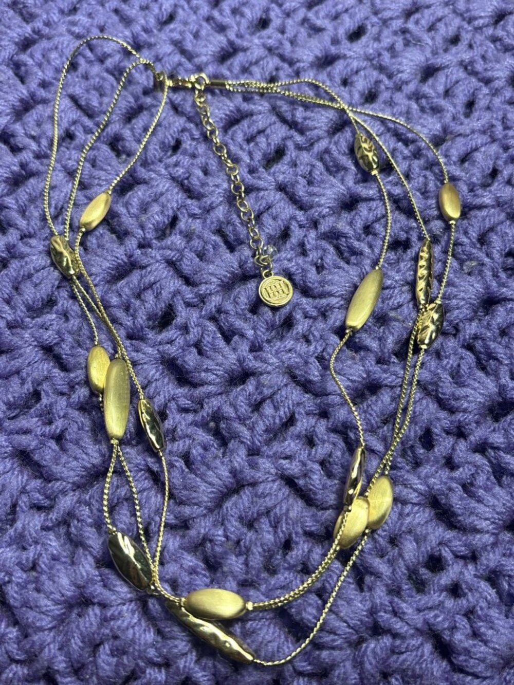 Dana Buchman Goldtone Textured Hammered Station Bead Chain Necklace 3 Strands